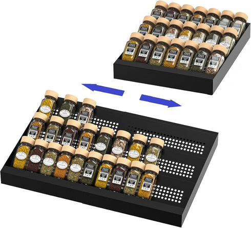 Expandable Metal Spice Drawer Organizer,3-Tier Slanted Seasoning Jars Tray for Kitchen Cabinet