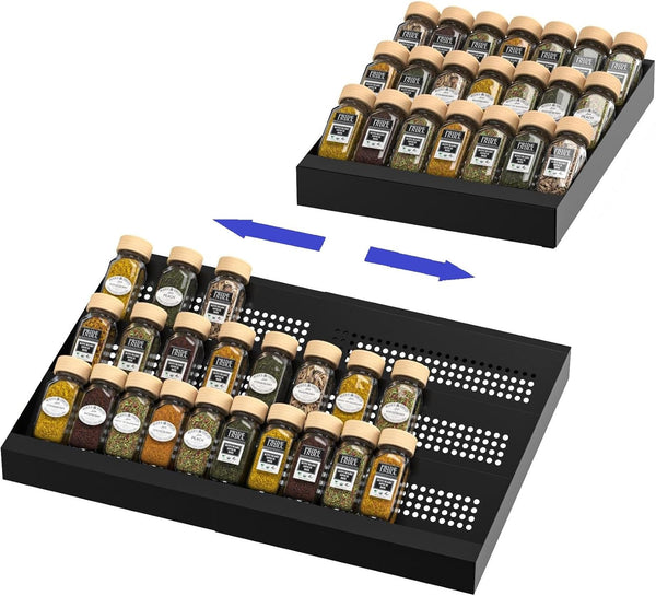 Expandable Metal Spice Drawer Organizer,3-Tier Slanted Seasoning Jars Tray for Kitchen Cabinet