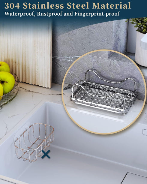 Consumest 304 Stainless Steel Sponge Holder for Kitchen Sink, Movable Caddy with Detachable Drip Tray - Silver