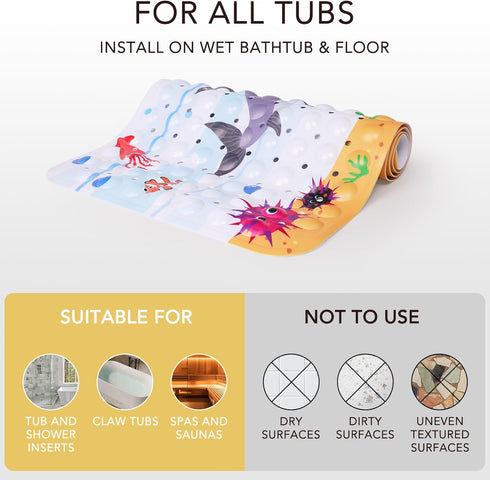 Slip40 16 Inch PRATIQUE Kids Bath Mat for Tub Non X Extra Long Kids Bathtub Mat Ocean Bathtub Shower Mat Safety Anti