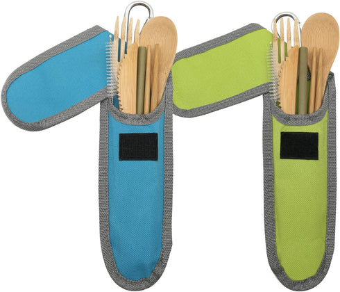 2 Set Bamboo Cutlery Set Bamboo Travel Utensil Reusable Organic Bamboo Utensil Fork Knife Spoon Chopsticks Straw Cleaning Brush for Travel Picnic School Office Skyblue& Green by UPTRUST
