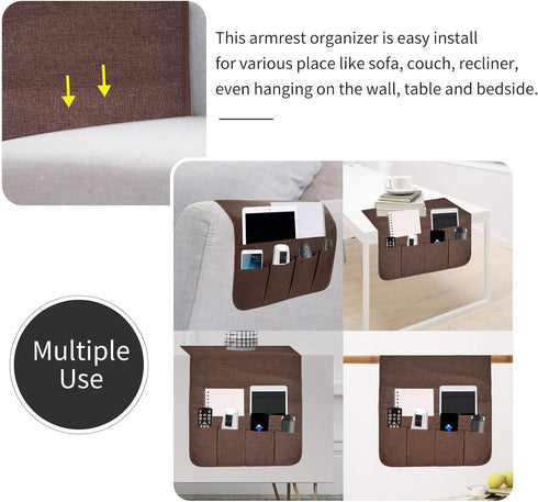 Sofa Armrest Organizer, Remote Control Holder with 5 Pockets for Magazine, Tablet, Phone