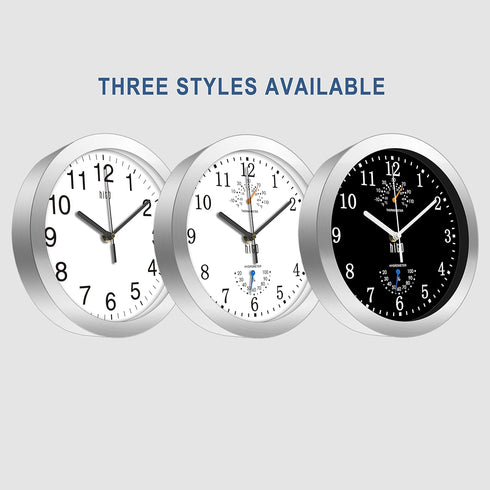 HITO 10 Inch Silent Wall Clock, Battery Operated, Non-Ticking, Glass Cover, Silver Aluminum Frame, Home Decor