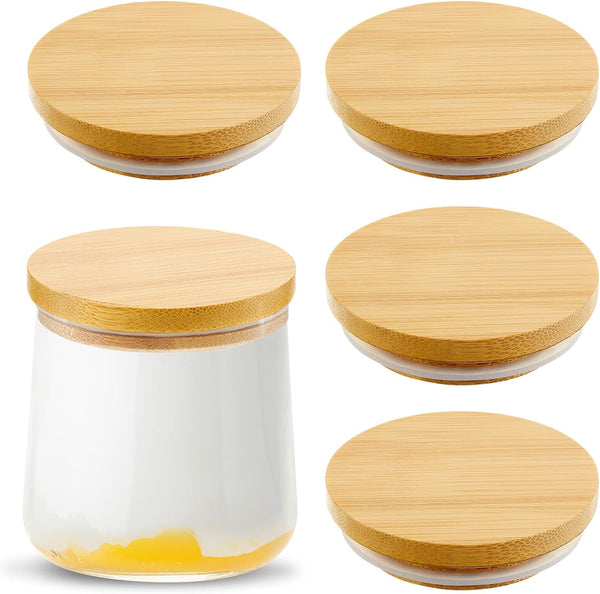 Sawysine Yogurt Jar Lids Set, Reusable Bamboo Wooden Round Canning Lids with Silicone Sealing Rings - 4 Pack