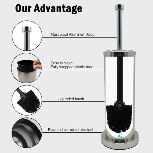 Silver Chrome Toilet Bowl Brush with Holder with Removable Plastic Liner, Durable Bathroom Cleaning Tool, Bathroom
