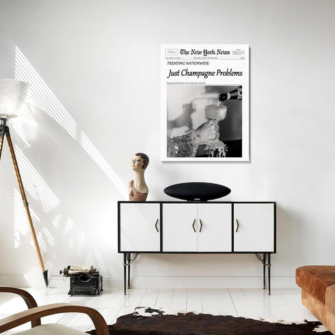 hottaacanvas 12x16 Champagne Problems Newspaper Framed Wall Art,Trendy Retro Black and White Wall Art for Bar Cart