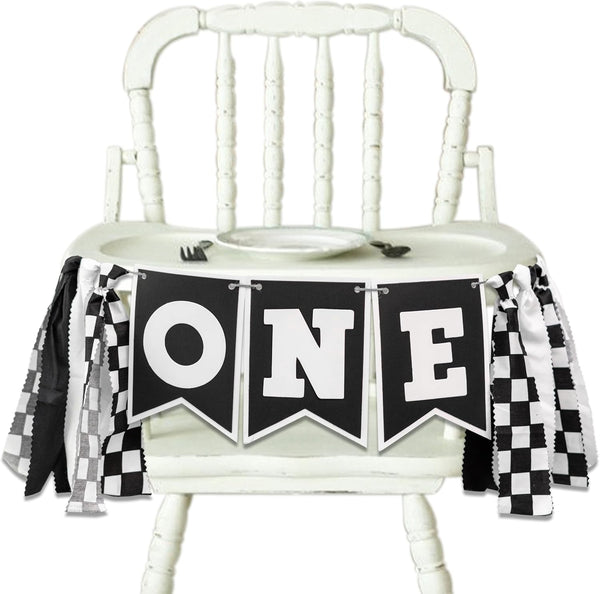 VANGNING Race Car High Chair Banner - Black White Race Car Highchair Banner