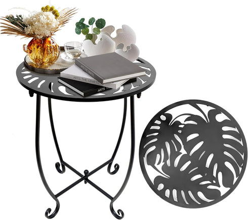 Plant Castle Outdoor Side Table for Small Spaces, Versatile 14 Inch Round Metal End