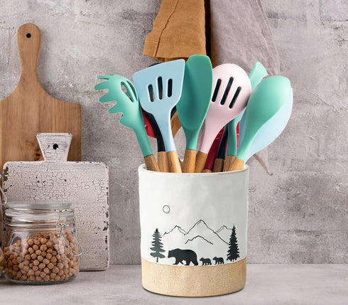 Bear Utensil Holder For Countertop Ceramic Kitchen Utensil Holder For Kitchen Counter Forest Painted Utensil Crock White Large Cooking Utensil Holder