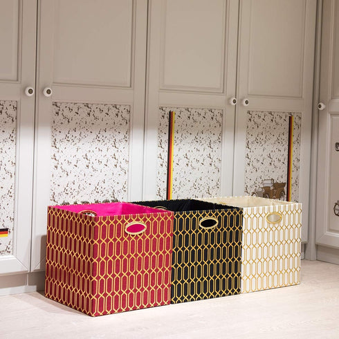 Posprica Storage Bins, 13×13 Fabric Drawers Organizer Basket Boxes, 2pcs, Cream/Gold Geometry Pattern