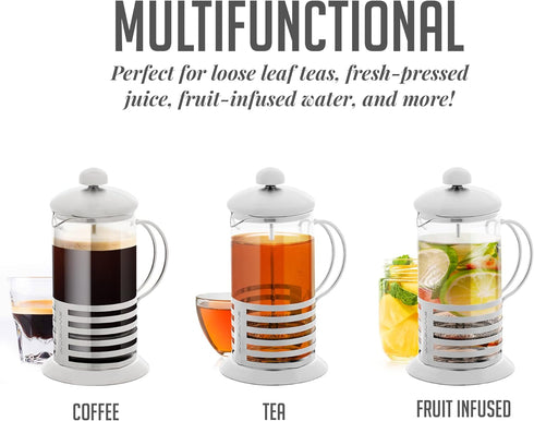 OVENTE 34 Ounce French Press Coffee & Tea Maker, Silver, 4 Filter Stainless Steel Plunger & Borosilicate Glass