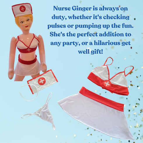 Merrimix - Ginger Inflatable Blow Up Doll with Nurse Costume, Gag Gifts for Men, Bachelor Party Favors and Decoration