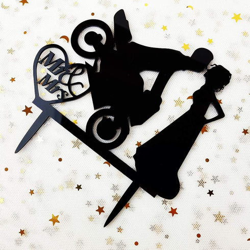 Motorcycle Funny Wedding Cake Topper - Mr & Mrs, Bride Groom with Motorbike (Black Acrylic)