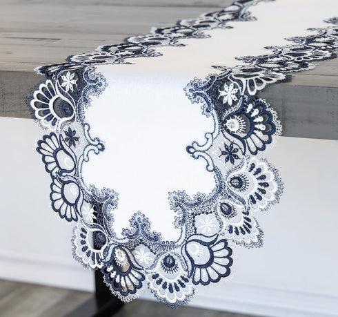 Linens, Art and Things White Navy Blue Jacquard Peacock Tail Lace Dresser Scarf Table Runner (16Wx35L)