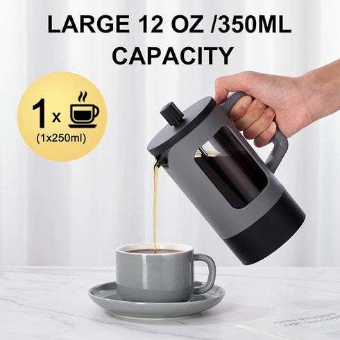 YOLIFE 12oz French Press Coffee Maker, 1 Cup, Heat-resistant Borosilicate Glass, 4-Level Filters, Portable Cold Brew