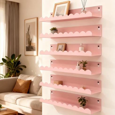 Set 6, 16 Inch Nursery Book Shelves of Pink Metal Floating Shelves for Wall, Scalloped Book Shelf for Kids Room