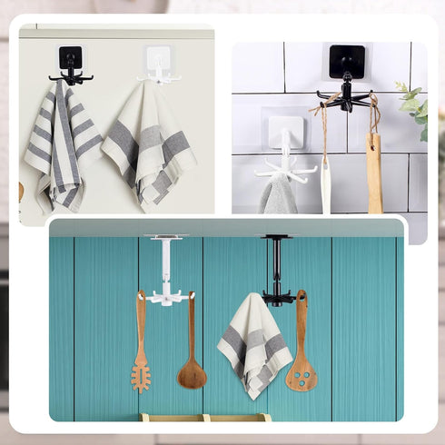 4 Pieces 360 Rotating Folding Hook, Multi-Purpose Self-Adhesive Utensil Holder with 6 Hooks for Kitchen Bathroom