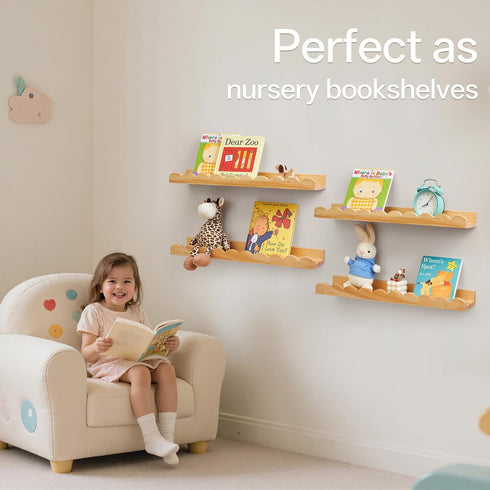 Set 4 Decor(Natural,40cm) Scalloped Baby Book Shelf,Floating Shelves for Wall of Natural Solid Pine Wood Nursery