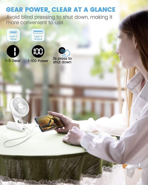 EasyAcc Portable Hand Held Fan: Ultra Quiet 5 Speed USB C Rechargeable Fan, 180° Foldable Small Desk Fan for Travel