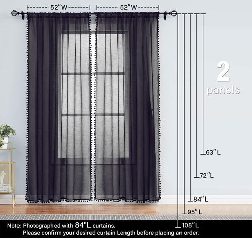 Treatmentex Black Pom Pom Sheer Curtains for Bedroom, 63" Linen Texture Decorative Voile Panels (2 Pack)