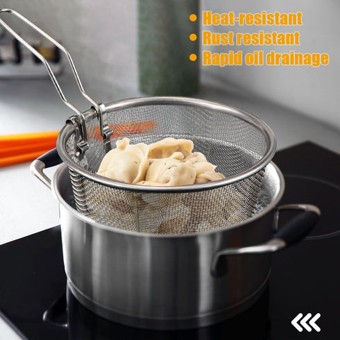 Stainless Steel Deep Fry Basket, Round Wire Fry Basket with Folding Handle for Home Restaurant Cooking Serving (7 Inch)