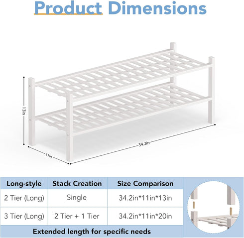 2 Closet,Hallway,Entryway,Small 34.2"x11"x13" Haddockway Long Tier Bamboo Shoe Rack Storage Organizer, Multifunctional