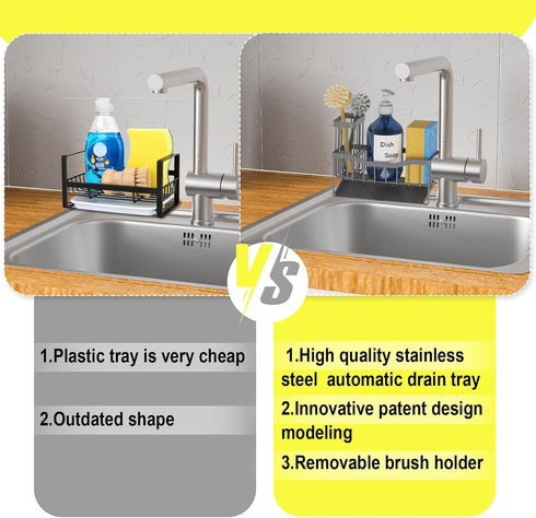 Fssvcd Maifan Sink Caddy Sponge Holder for Kitchen with Brush Holder and Stainless Steel Self Drain Tray, Rustproof