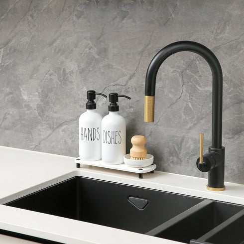 Set MOMEEMO White Soap Dispenser Comes with Stainless Steel Pumps, Instant Dry Tray, and Dish Scrub Brush, Suitable