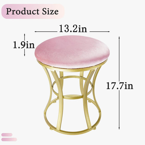 Velvet Round Vanity Stool,Pink Velvet Footrest Ottoman Foot Stool Seat with Golden Metal Legs,Makeup Chair for Bathroom