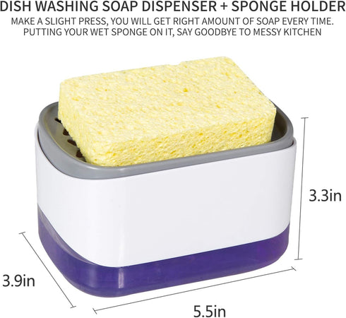 Dish Soap Dispenser for Kitchen, 2-in-1 Soap Pump Dispenser and Sponge Holder, Countertop (White)