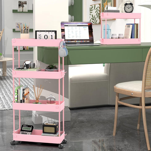 SPACEKEEPER Slim Rolling Storage Cart, 4 Tier Bathroom Organizer with Wheels for Kitchen & Laundry Room, Pink