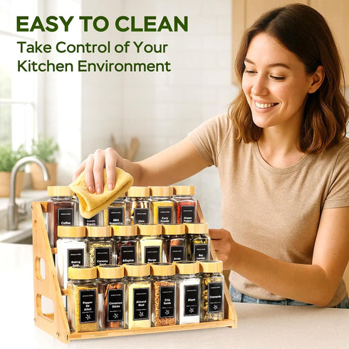 FIKWO 3 18 780 Set Countertop, 4 oz Tier Bamboo Spice Rack Organizer with Spice Jars, Labels, Wood Shelf, Chalk Marker