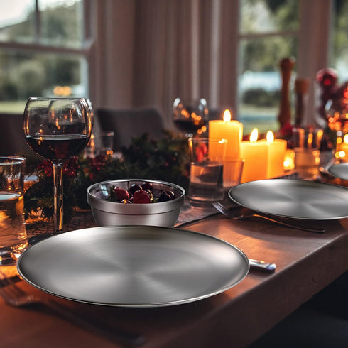 304 13 oz Dinnerware(6 Sets,8 8 Inch) Sunnyray Stainless Steel Plates and Bowls Metal Camping Plates Reusable Steel