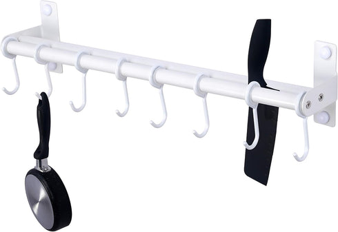 Dseap Pot Rack, Hanging Rack Rail with 8 Hooks, Wall Mounted Pot Hangers for Kitchen, White