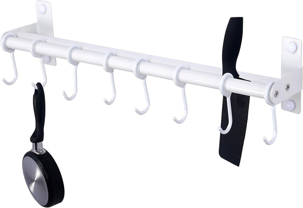Dseap Pot Rack, Hanging Rack Rail with 8 Hooks, Wall Mounted Pot Hangers for Kitchen, White
