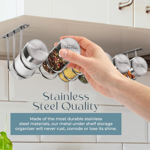Kirshy Solutions 6 21 Under Cabinet Spice Rack With Glass Spice Jars & Labels Stainless Steel Spice Storage Rack