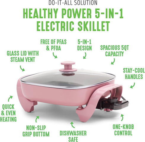 GreenLife 12" 5QT Square Electric Skillet – Glass Vented Lid, Ceramic PFAS-Free Nonstick, Adjustable Temperature