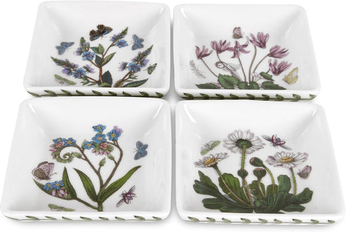 Portmeirion Botanic Garden Mini Square Dish Set of 4, 3", Assorted Florals Motif, Durable Porcelain