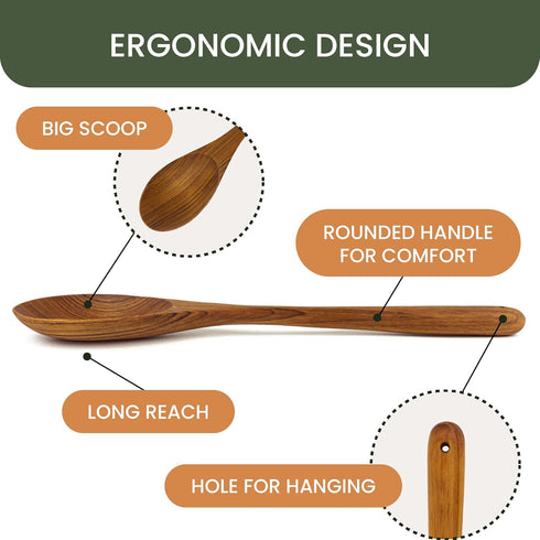 Wooden Cooking Spoons Set of 2 (12" & 15") | Teak Wood, Non-Stick & Non-Scratch Kitchen Cookware