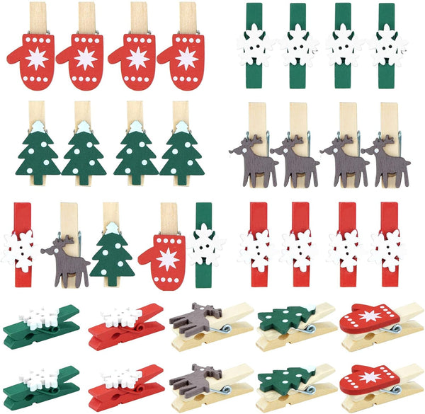 100pcs Christmas Wood Clips, Xmas Tree Snowflake Elk Clothespins, DIY Photo Pegs for Party Favors Decor