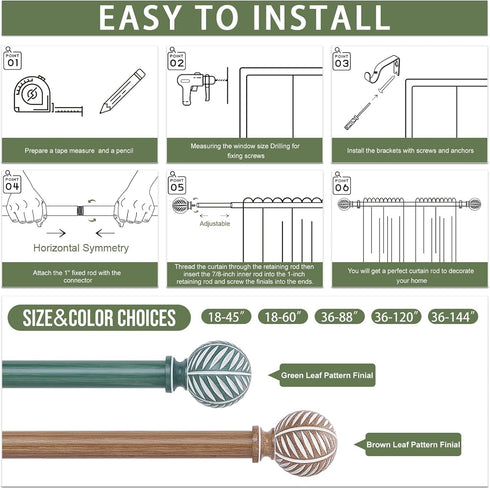 Wood Curtain Rods 18 to 60 Inch, 1 Inch Boho Adjustable Imitation Wood Grain Decorative Rods