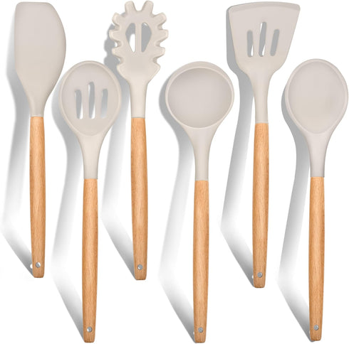 E-far Cooking Utensils Set of 6 - Silicone Kitchen Utensils with Wooden Handle, Non-stick Cookware Friendly, Heat