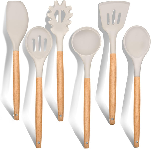 E-far Cooking Utensils Set of 6 - Silicone Kitchen Utensils with Wooden Handle, Non-stick Cookware Friendly, Heat