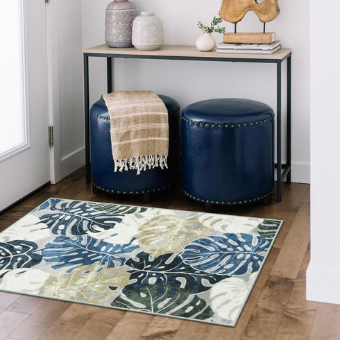 2x3 Wonnitar Kitchen Sink Rug, Machine Washable Blue Bathroom Leaf Rugs, Monstera Coastal Non-Skid Bedside Accent Mat
