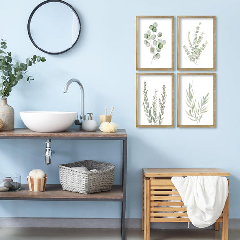 LuZhiQiang 16x11 Inch Set 4 Botanical Wall Decor Sign of Sage Green Plants Wood Framed For Bathroom Modren Bedroom