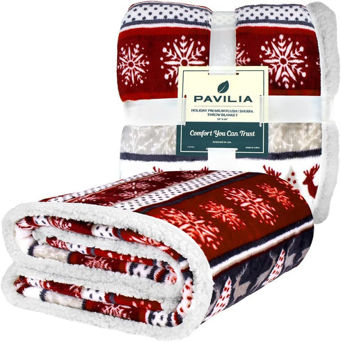 PAVILIA Premium Christmas Sherpa Throw Blanket - Christmas Decoration Reindeers, Fleece, Plush, Warm, Cozy Reversible