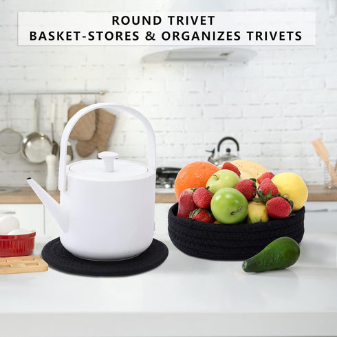 Trivets for Hot Dishes, 7 Inch Hot Pads, 5 Pcs Cotton Table Protector Mats with Storage Basket for Kitchen