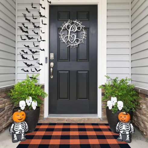 Cotton Orange and Black Plaid Rug - 27.5''x43'' Hand-Woven Washable Decorative Mat for Fall Outdoor Entryway