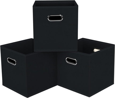 Black Foldable Storage Cubes Bins, Fabric Storage Box Organizer with Dual Handles for Home, Set of 3 (Black)