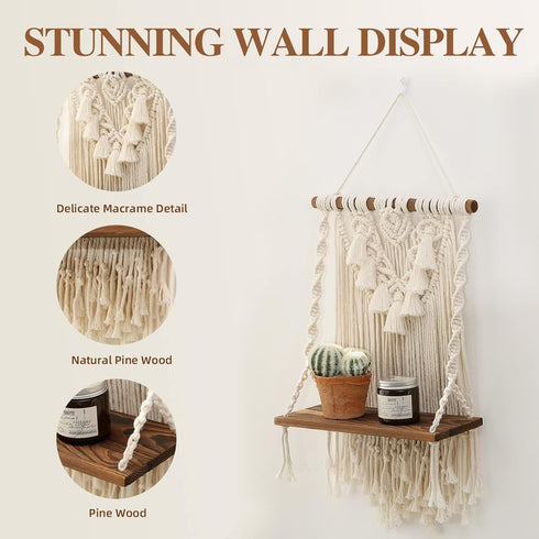 ANROYE Single Tier Macrame Boho Wall Hanging Shelf, Handmade Bohemian Wooden Woven Plants Floating Shelves Decor, Mini